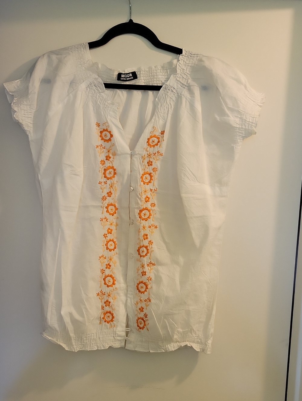White Embroidered Short Sleeve Peasant Blouse with Orange Floral Trim